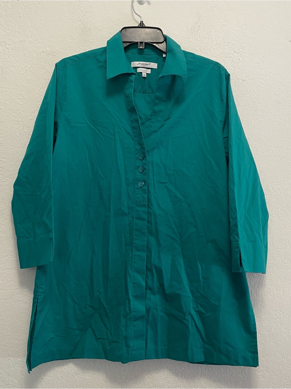 Foxcroft Pamela Wrinkle Free Stretch 3/4 Sleeve Tunic Sz 14 Green Button Front